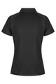 A black polo shirt with a classic collar and short sleeves, featuring a branded logo.