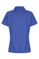 A blue polo shirt with a collar and short sleeves, featuring a logo at the back.