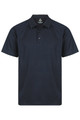 A navy blue polo shirt with a collar and buttons, featuring a logo on the front.