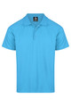 A turquoise polo shirt with a collar and three buttons, featuring a branding logo.
