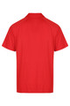 A red polo shirt featuring a collared neckline and short sleeves, with a logo on the back.