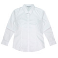 A long sleeve button-up shirt in white, featuring a collar and a branded logo.