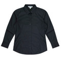 A long sleeve button-up shirt in black, featuring a collar and a front button placket.