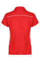 A red polo shirt with a collared neckline and white piping details, featuring a logo.