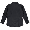 A black long sleeve button-up shirt with a fitted back and cuffed sleeves, featuring a logo.