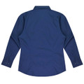 A long-sleeve button-up shirt in navy blue with a tailored back design and buttoned cuffs.