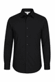 A long sleeve button-up shirt in black featuring a subtle logo.