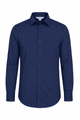 A navy blue long sleeve button-up shirt with a single chest pocket and a logo.