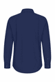 A long sleeve button-up shirt in navy with a back view and buttoned cuffs. It features a logo.