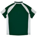 A green and white polo shirt featuring short sleeves and a collared neckline. It has a logo on the back.
