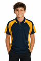 A navy and yellow polo shirt featuring a logo, designed for kids, with a sporty style and a comfortable fit.