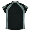 A black and grey polo shirt featuring a sporty design and short sleeves, with a logo on the collar.