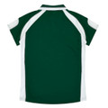 A green and white polo shirt with short sleeves and a collar, featuring a logo on the back.