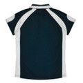 A dark green polo shirt with white accents, featuring a collar and short sleeves, and a small logo on the side.