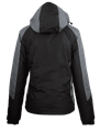 A black and grey jacket with a hood and a logo on the back. Suitable for various outdoor activities.