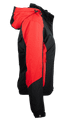 A black jacket with red accents, featuring a hood and zippered pockets, presented from the side.