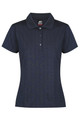 A navy polo shirt with a collared neckline and three-button placket, featuring a logo on the label.