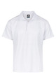 A white polo shirt featuring a collar and three buttons, with a logo on the label.