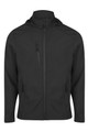A black jacket with a zippered front, hood, and multiple pockets. It features a logo on the chest.