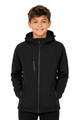A black jacket with a hood and zippered pockets, featuring a logo and fitted design for kids.
