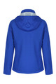 A blue soft shell jacket with a hood, featuring a fitted design and a logo on the back.