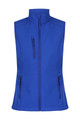 A blue work vest with a high collar and multiple zippered pockets, featuring a logo.