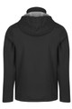 A black jacket with a hood, featuring a smooth design and a minimalist style on the back.
