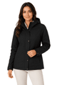 A black jacket with a hood, featuring a clean design and a woman wearing it. The jacket has a branding logo.