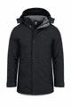 A black jacket with a hood and grey lining, featuring buttons and a logo on the chest.