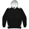 A black hoodie with a white interior and white accents on the sides. It features a front pocket and a logo.