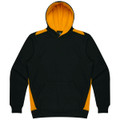 A green hoodie with yellow accents and a front pocket, featuring a hood and a logo.