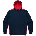 A navy hoodie with red accents and a front pocket, featuring a hood and branding.