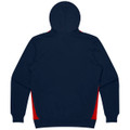 A navy hoodie featuring red side panels and a hood, with a logo on the back.