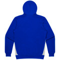 A blue hoodie featuring a hood and contrasting grey side panels, with a logo on one side.