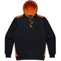 A black hoodie with orange accents and a front pocket, featuring a drawstring hood and a logo.