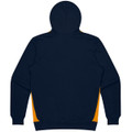 A navy hoodie with yellow side panels, featuring a hood and a simple design. It has a logo on it.