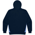 A navy hoodie featuring contrasting side panels in a lighter shade. The design includes a hood and long sleeves.