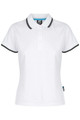 A white polo shirt featuring short sleeves and contrasting trim, with a logo on the front.