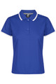 A blue polo shirt with a white collar and sleeve details, featuring a logo on the upper part.
