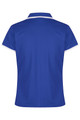 A blue polo shirt with a white collar and trim, featuring a logo on the back.