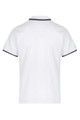 A white polo shirt with contrasting trim and a logo, featuring a classic short-sleeve design.