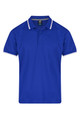 A blue polo shirt with white accents and a collar, featuring a logo on the left chest area.