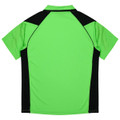 A bright green polo shirt with black accents and a logo on the back.