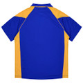 A blue and gold polo shirt featuring a logo on the chest and short sleeves.