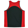 A red and black sleeveless singlet featuring a rounded back design and contrasting panels. It has a branded logo.