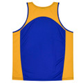 A blue and gold singlet featuring a contrasting design and a logo. Suitable for kids.