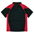 A red and black polo shirt with a collar, featuring a logo on the back.