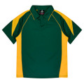 A green polo shirt with yellow accents and a collar, featuring a logo on the chest.