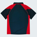 A polo shirt featuring a red and navy design, with a collar and short sleeves. It includes a logo on the front.