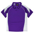 A purple polo shirt with white accents and a collar, featuring a logo on the neckline.